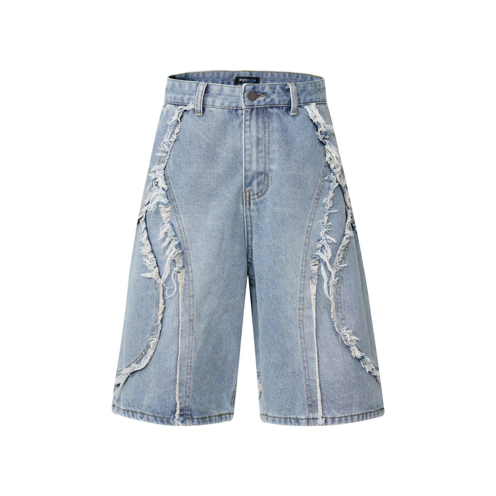 Distressed denim shorts with raw edge detailing in straight cut and cropped leg length