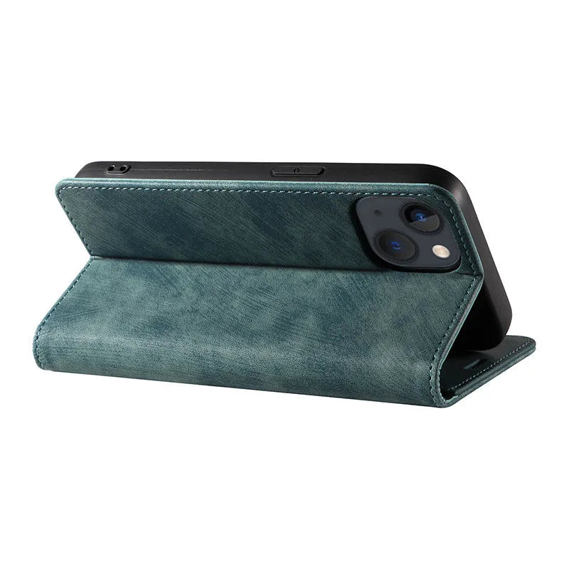 Magnetic flip phone case in solid colour for iPhone, showing TPU frame and leather cover.