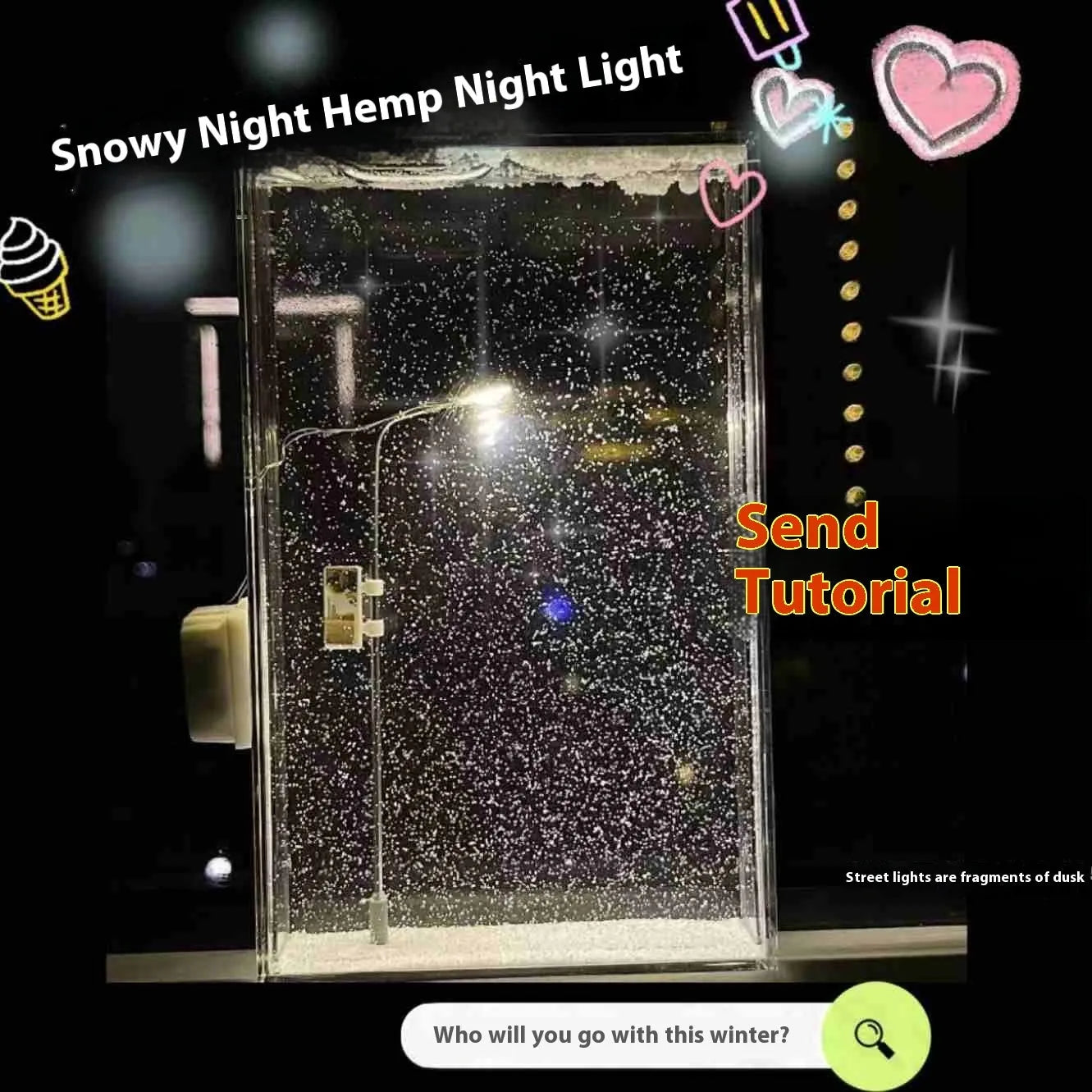 DIY Christmas night light kit components for building a snowy landscape scene with LED street lamp.