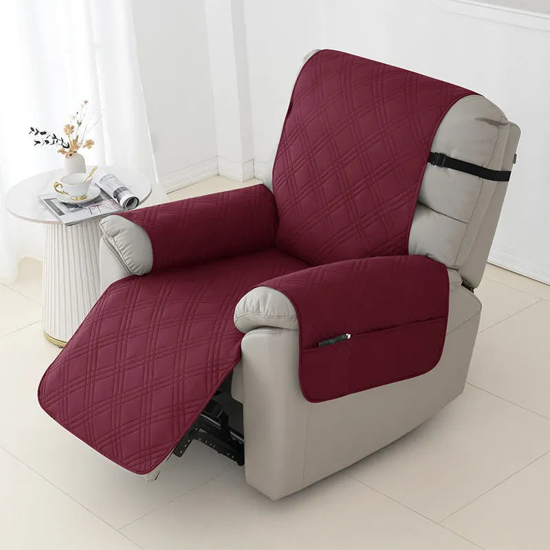 Quilted three-line sofa cover for a Chivas massage chair in peacock blue, showing stretch fit and textured pattern.