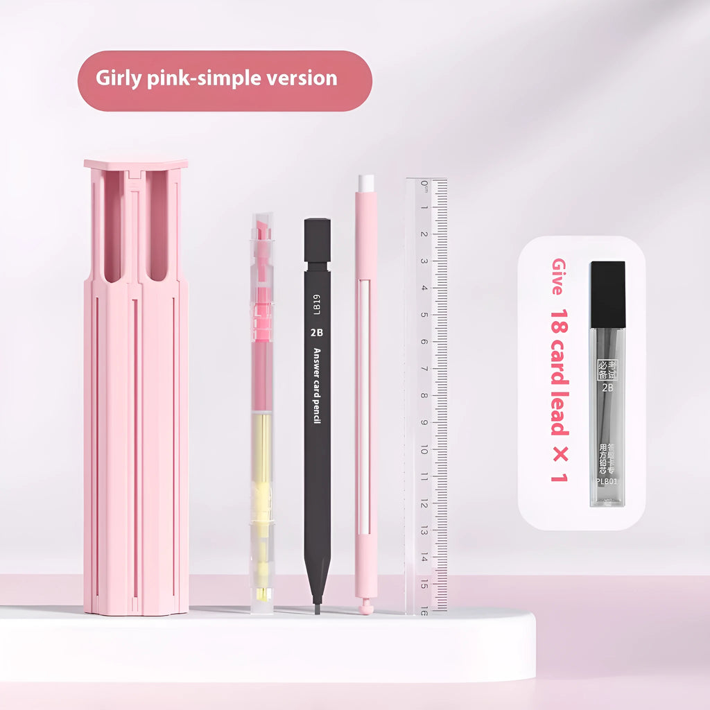 Plastic pressing pen pencil box kit in white, blue, or pink, showing six-pen and sixteen-pen suite options.