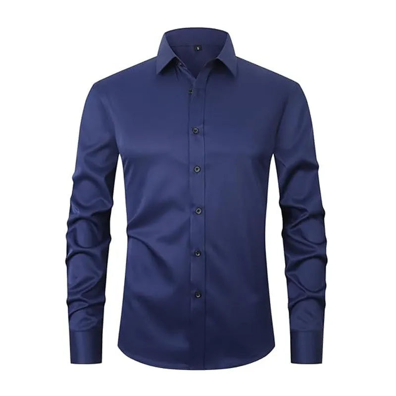 Man wearing a solid colour long sleeve polyester work shirt, showcasing the professional fit and style.