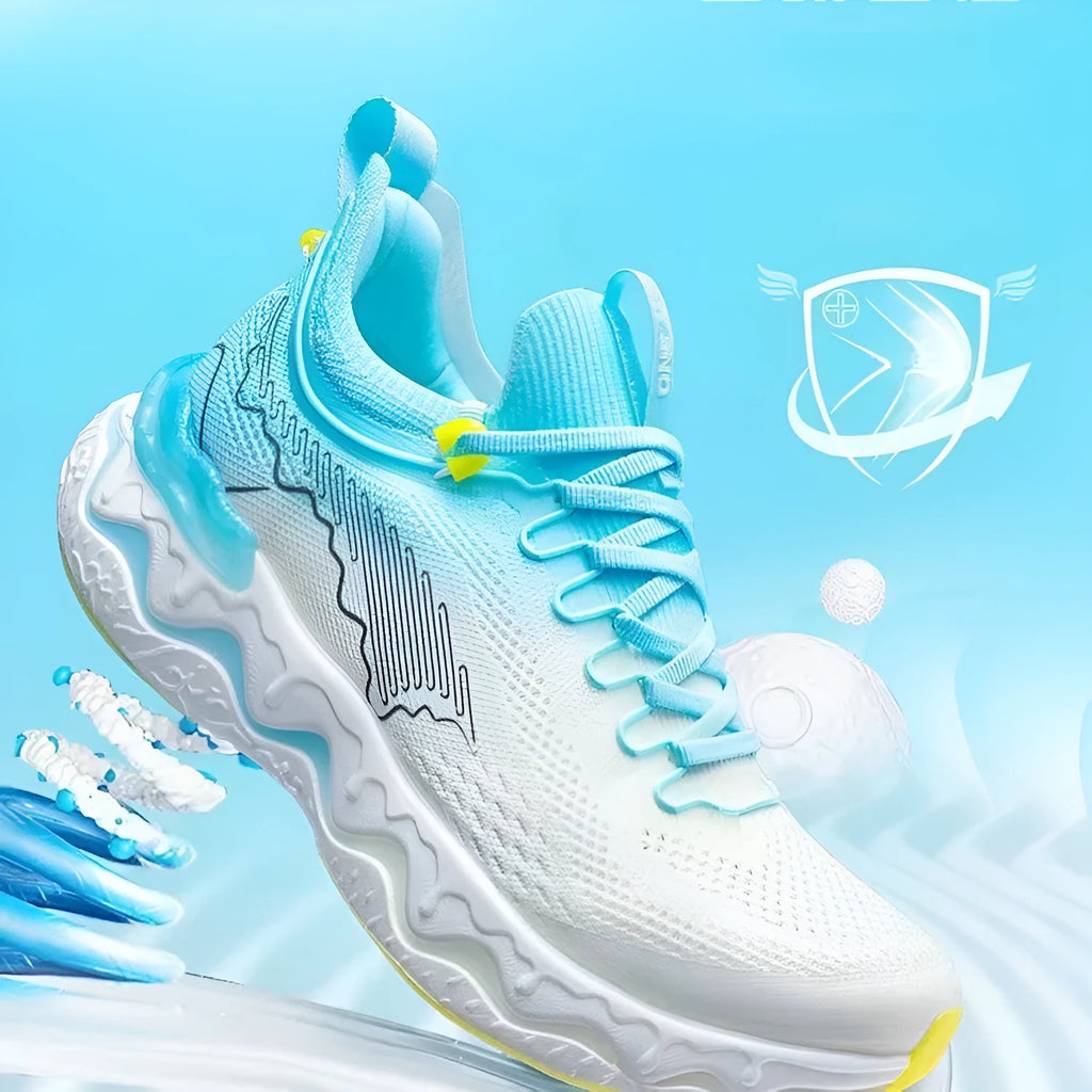 Women's cushioned running shoes with thick rubber soles in a no-lace design on a neutral background.