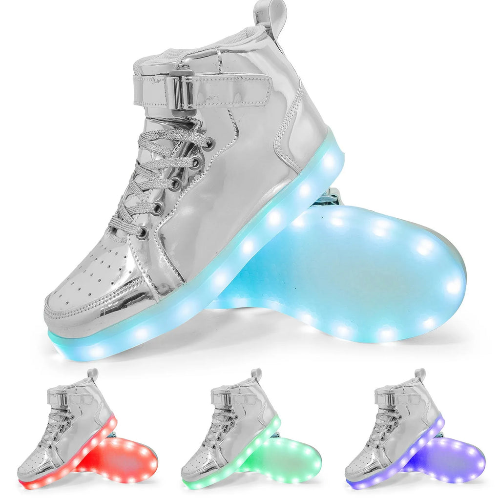LED high-top board shoes with rechargeable lighting in black colour showing Velcro fastening