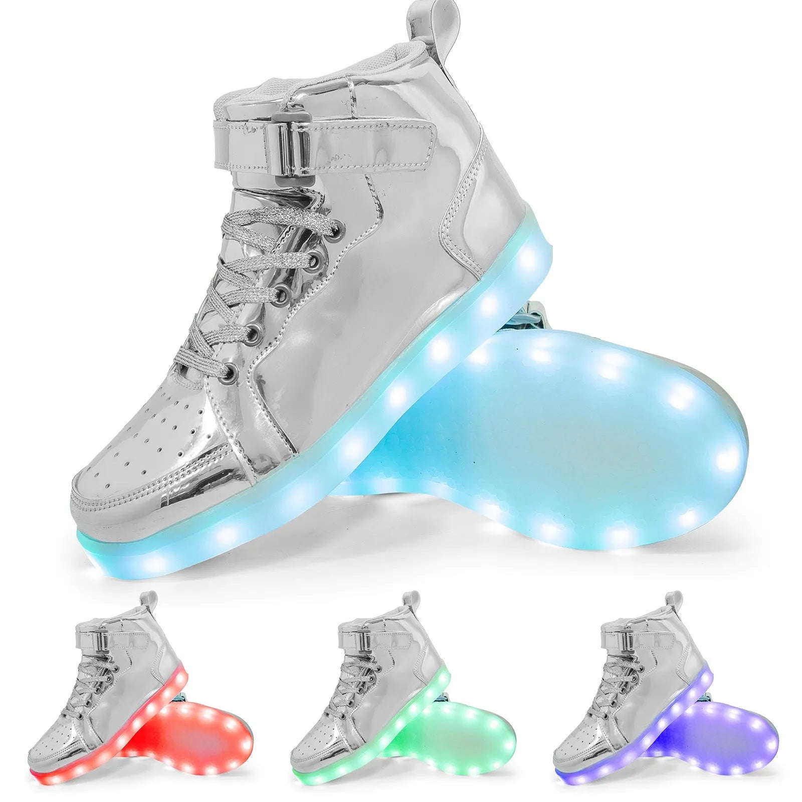 LED high-top board shoes with rechargeable lighting in black colour showing Velcro fastening
