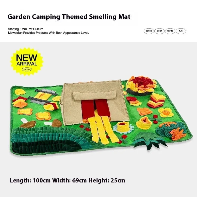 Plastic fabric dog sniffing mat with food hiding design in garden camping theme