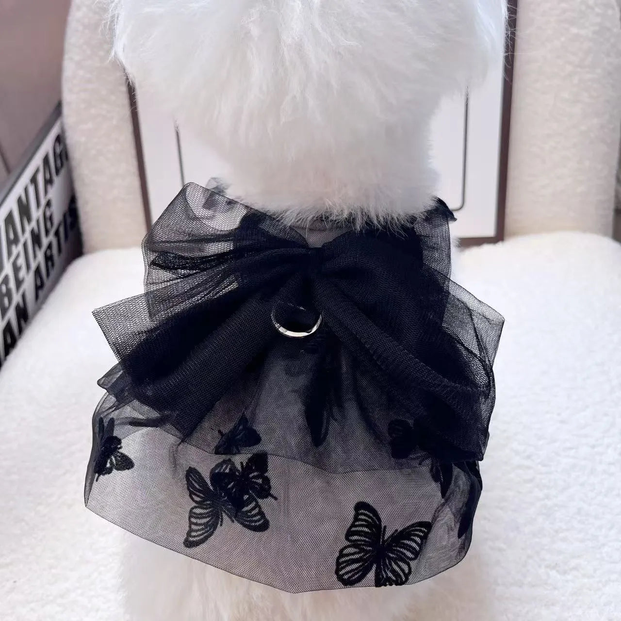 Black gauze princess tulle skirt for small dog or cat with decorative dress styling