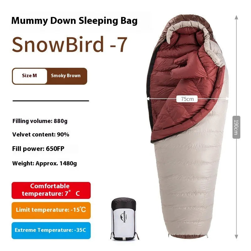 Goose down mummy-style sleeping bag in a storage bag, showing size and fill weight options.