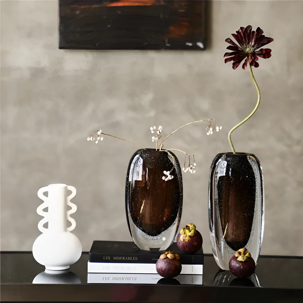 Modern simple bubble thick bottom glass vase with tea brown glaze flat mouth