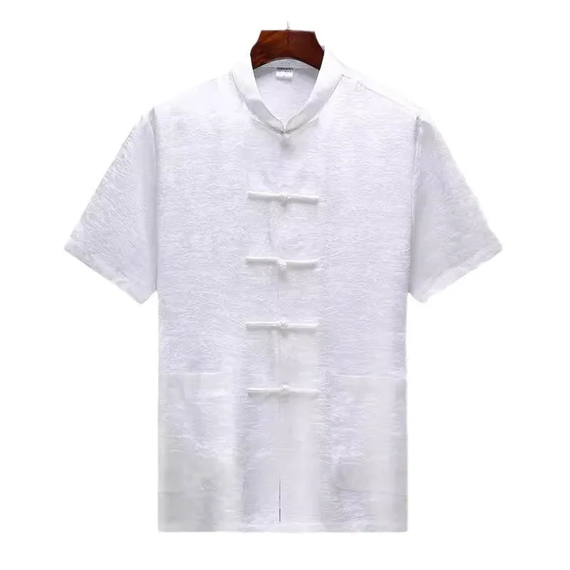Men's traditional Chinese-style Tang suit made from mulberry silk satin in light green, navy, or white.