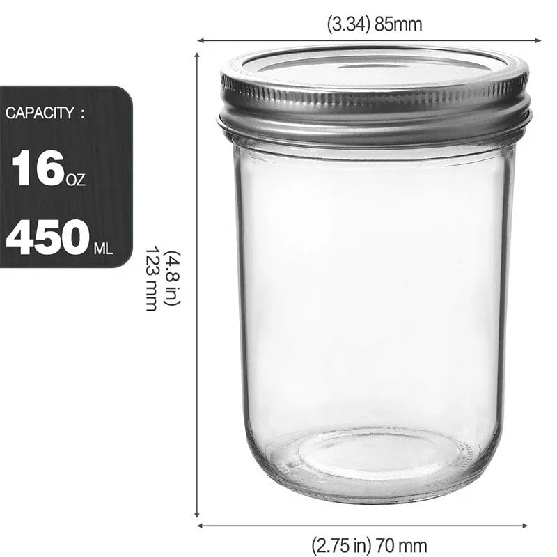 Six 16oz transparent glossy glass wide mouth sealed jars on a table