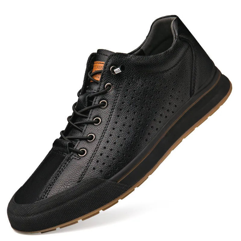 Men's round-toe matte leather casual shoes with a flat 6CM heel, shown in black and white colour options.
