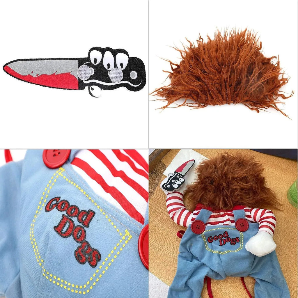 Striped Halloween harness pants costume for a dog or cat with a knife prop, showing the 3-piece set.