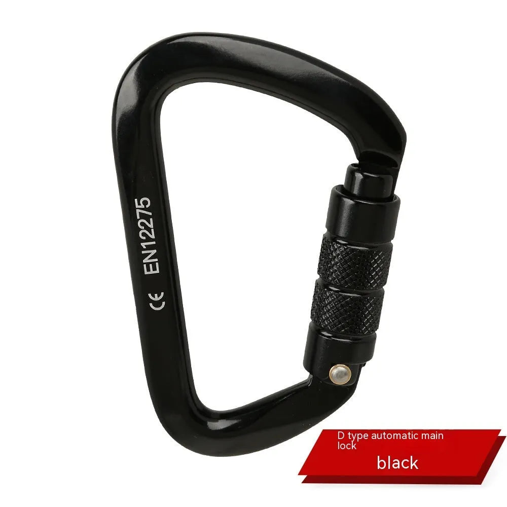 D-shaped climbing carabiner main lock shown in red, with choice of automatic or threaded gate closure.