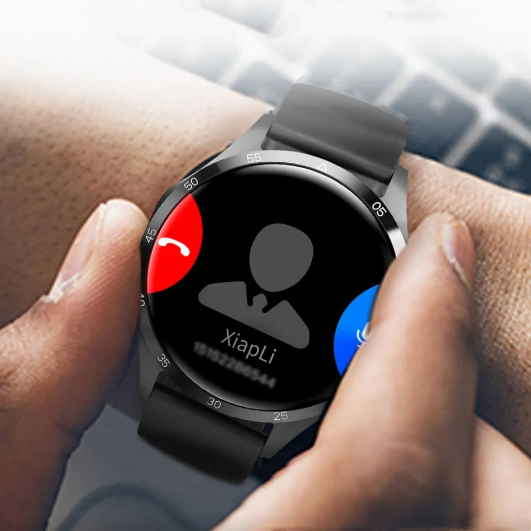 Black Bluetooth smartwatch with TFT screen, shown with both silicone and Milanese mesh strap options.