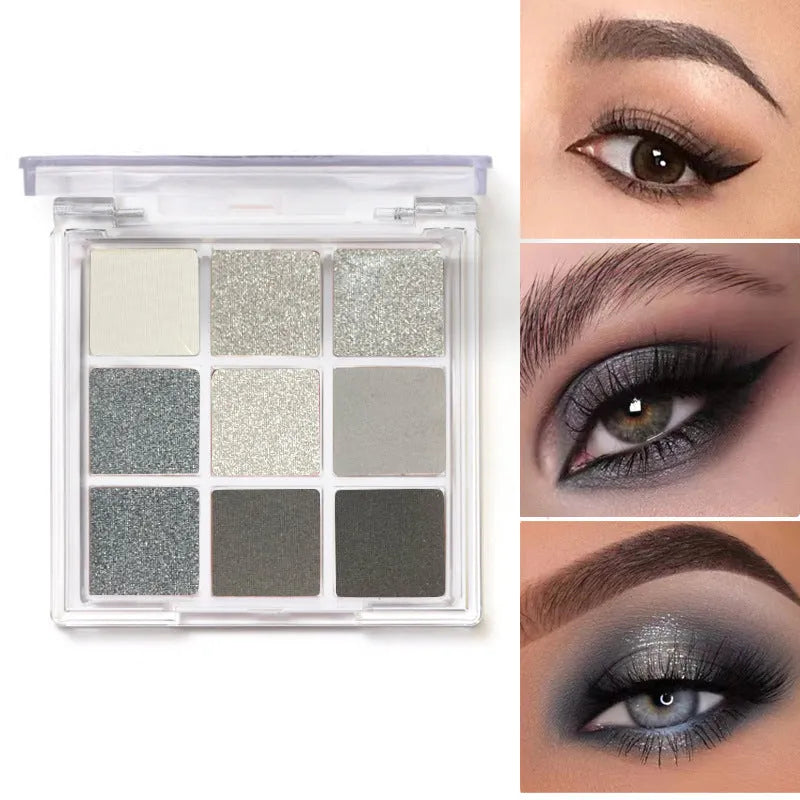 9-colour smoked eyeshadow palette showing white, silver, black and iron grey shades