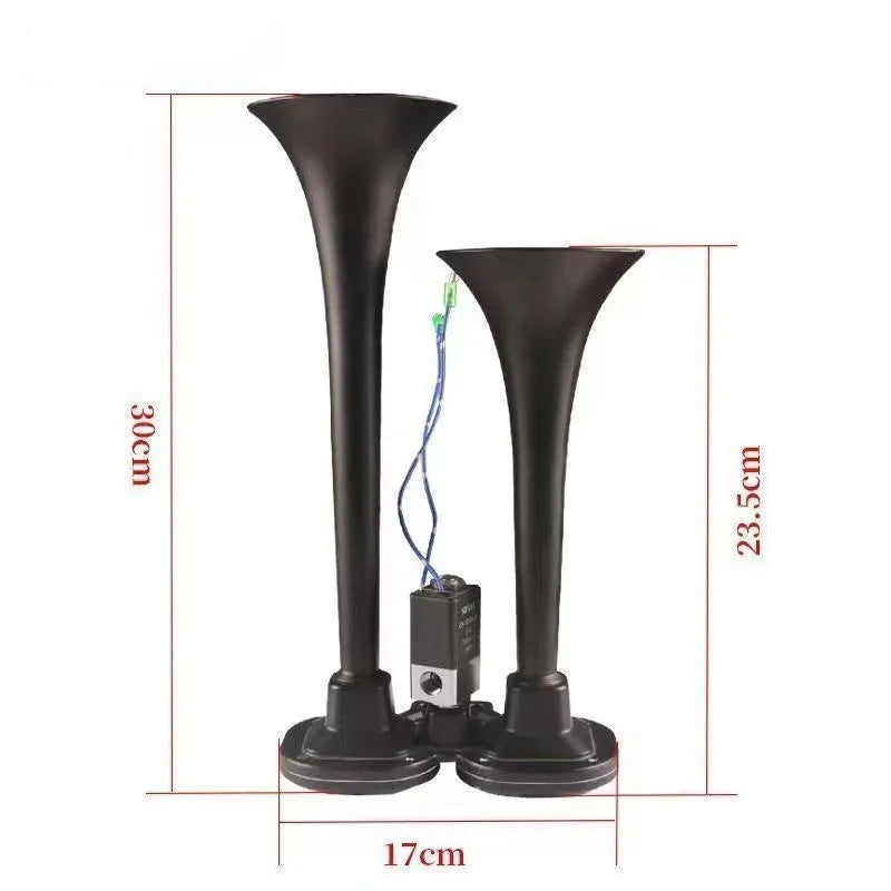 Black dual trumpet 12V 24V air horn kit with compressor for universal vehicle installation