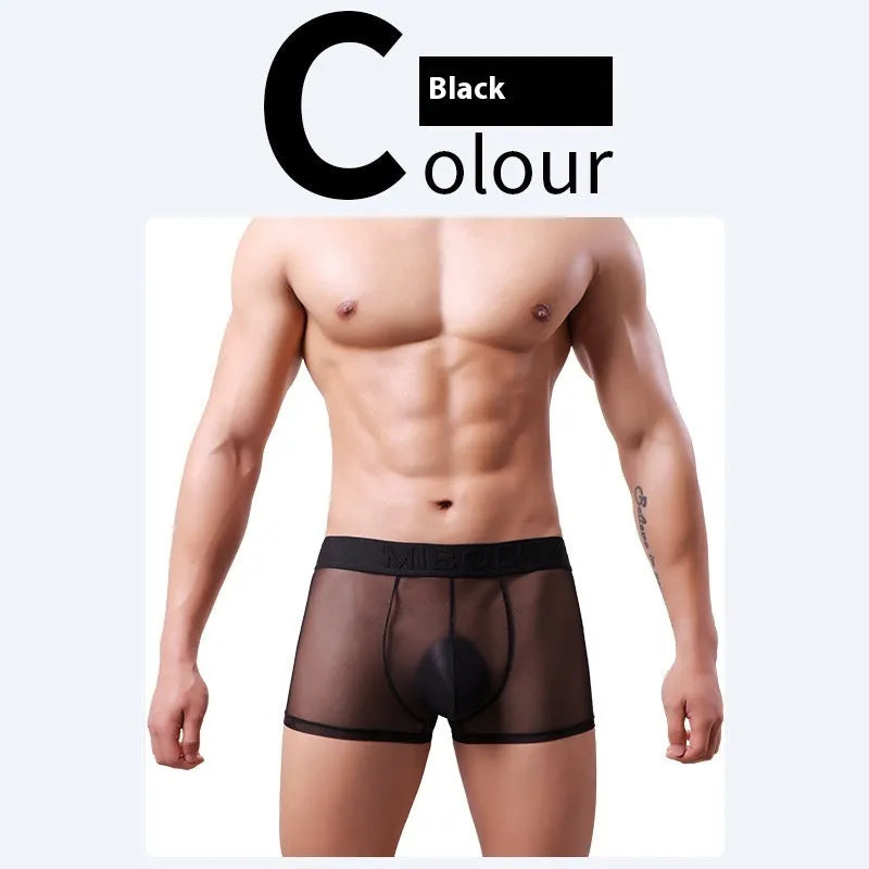 Men's thin quick-drying polyester boxers in six colours on a size chart background.