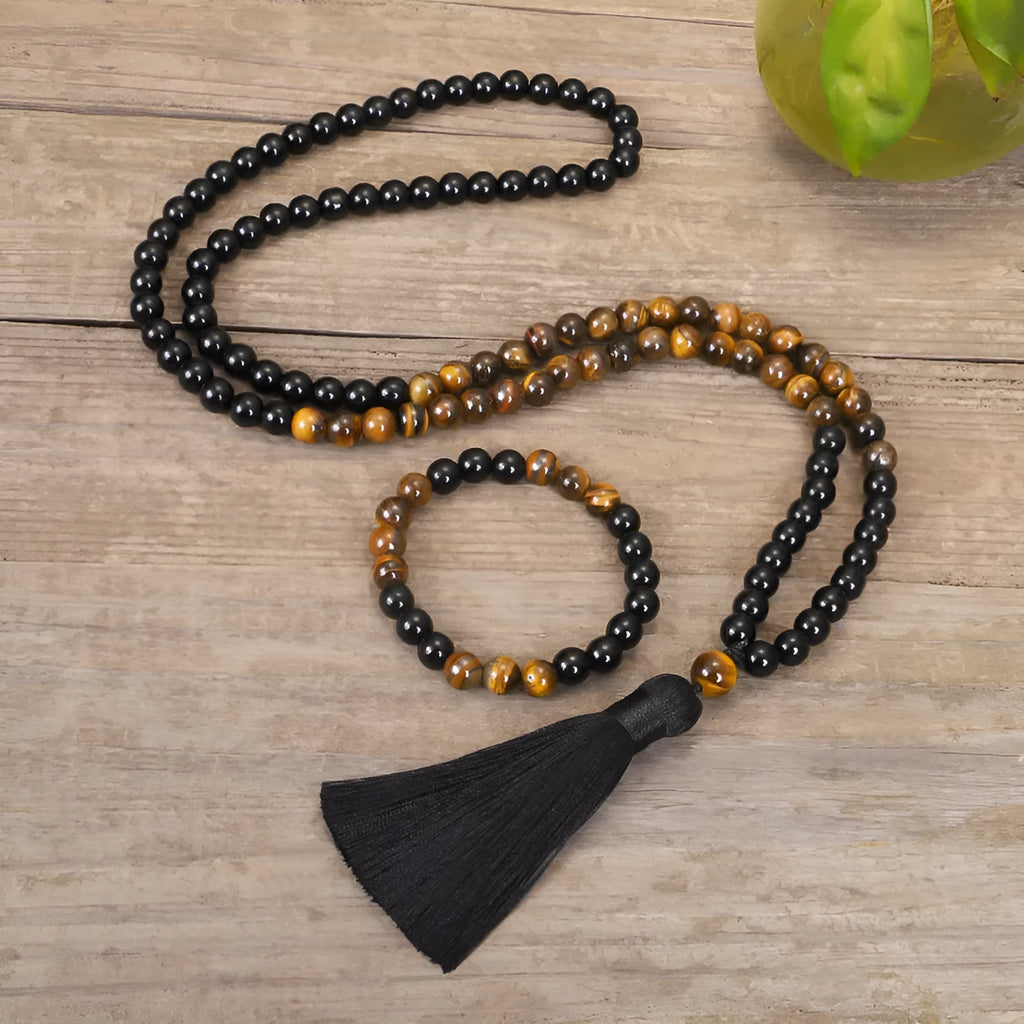 Tiger eye stone tassel pendant on ball bead chain necklace with 81cm length