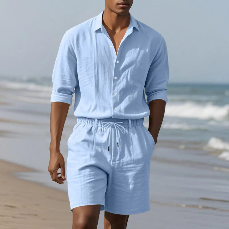 Men's linen shorts suit set showing long sleeve shirt and casual shorts in a light colour