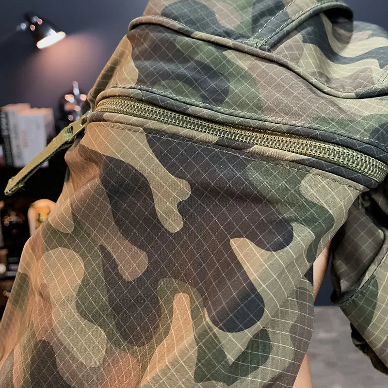 Man wearing loose fit camouflage cargo shorts made from quick-drying cotton blend fabric.