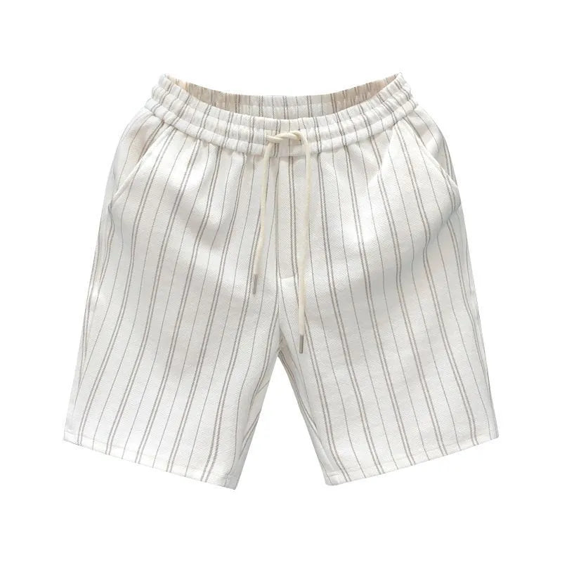 Men's black and white striped fleece-lined casual shorts showing double-layer waistband and straight-leg cut