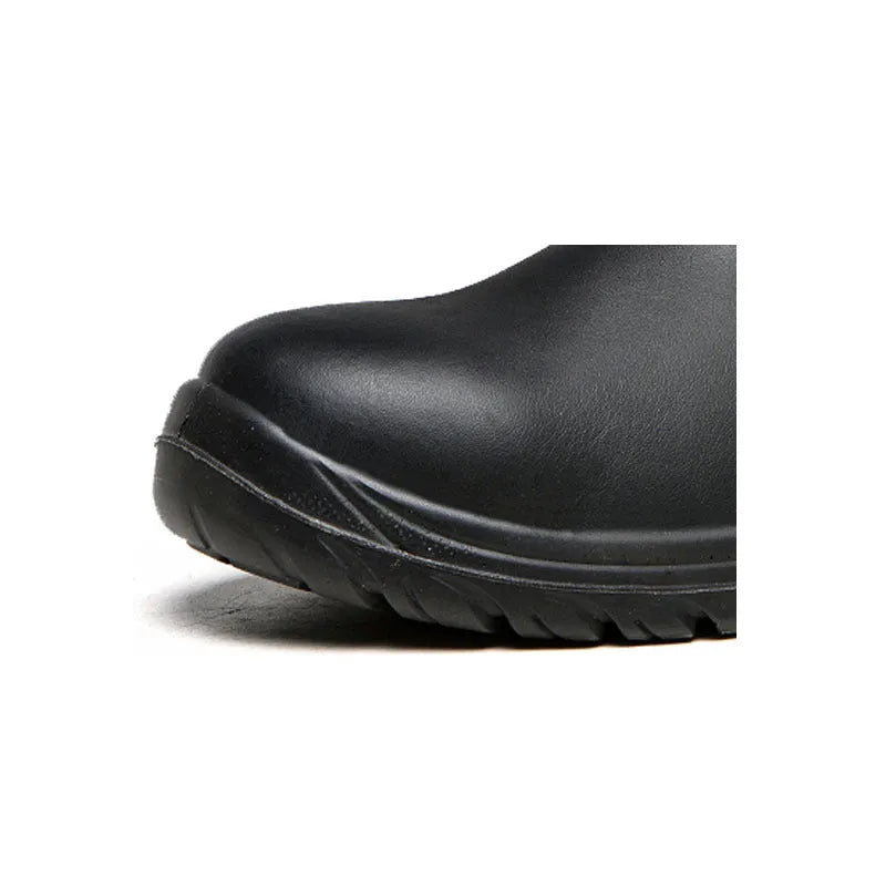 Black leather safety work boots with high-top design and steel toecap protection