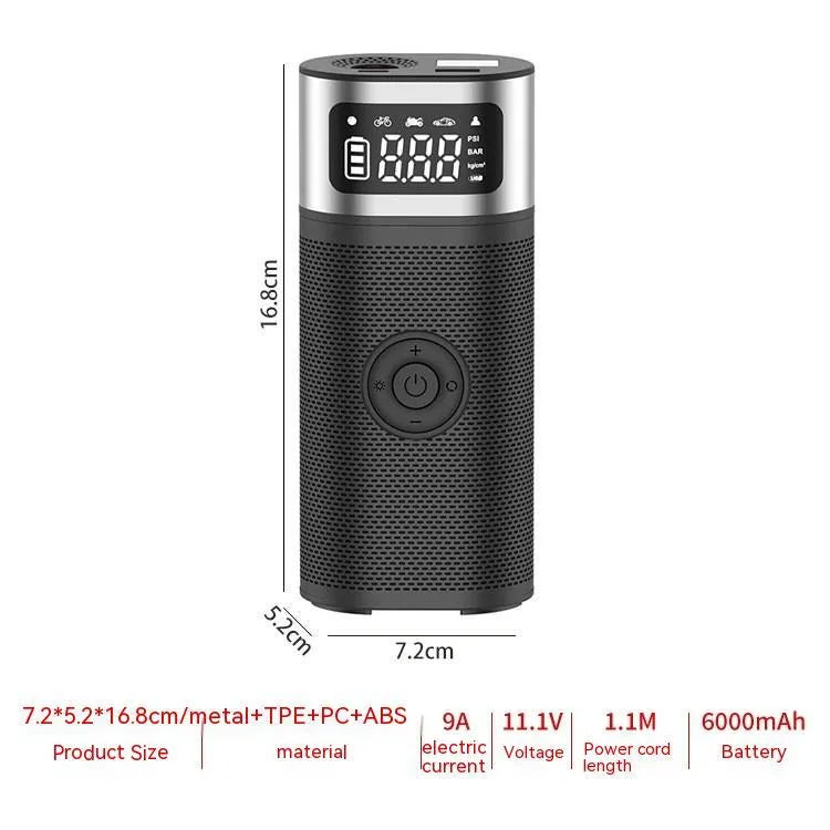 Black portable wireless smart vehicle air pump with LED light and multiple inflation nozzles
