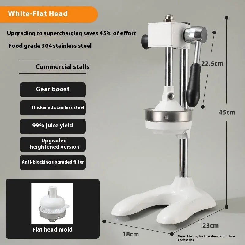 Vertical stainless steel manual juicer with three tip options: pointed head, flat head, and double head.