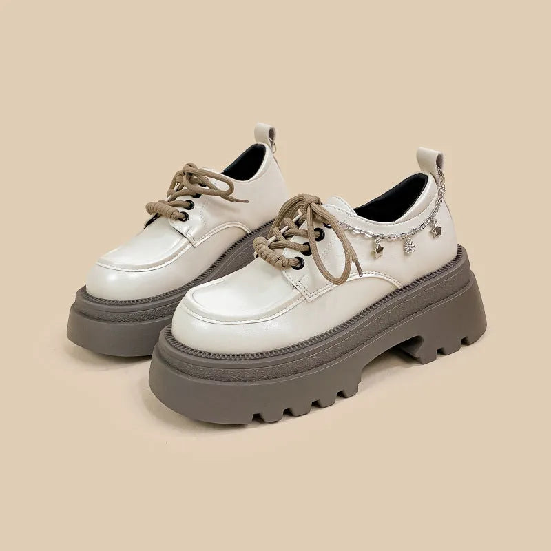 White PU platform Mary Jane shoes with thick chunky heel and front lace-up in XINGX Bear colour