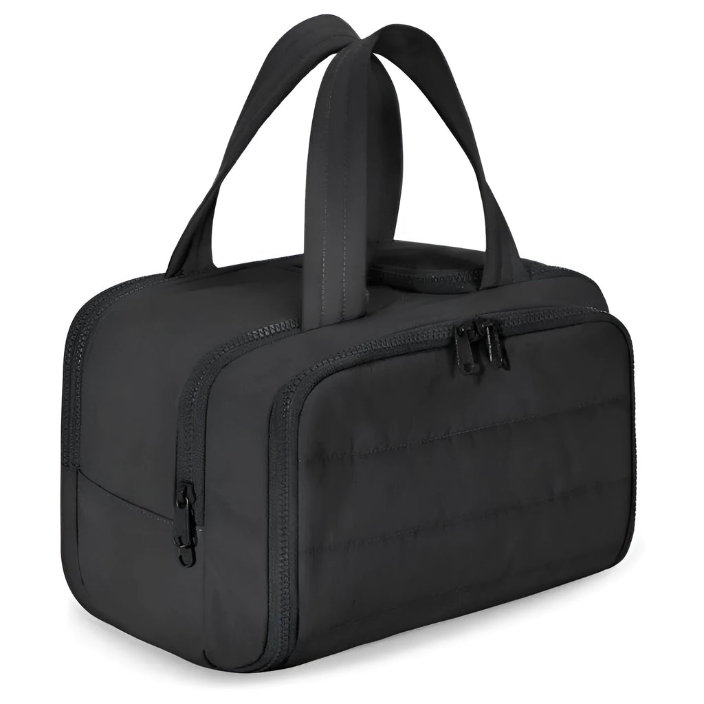 Large fluffy travel toiletry bag in beige colour with wide open design showing interior