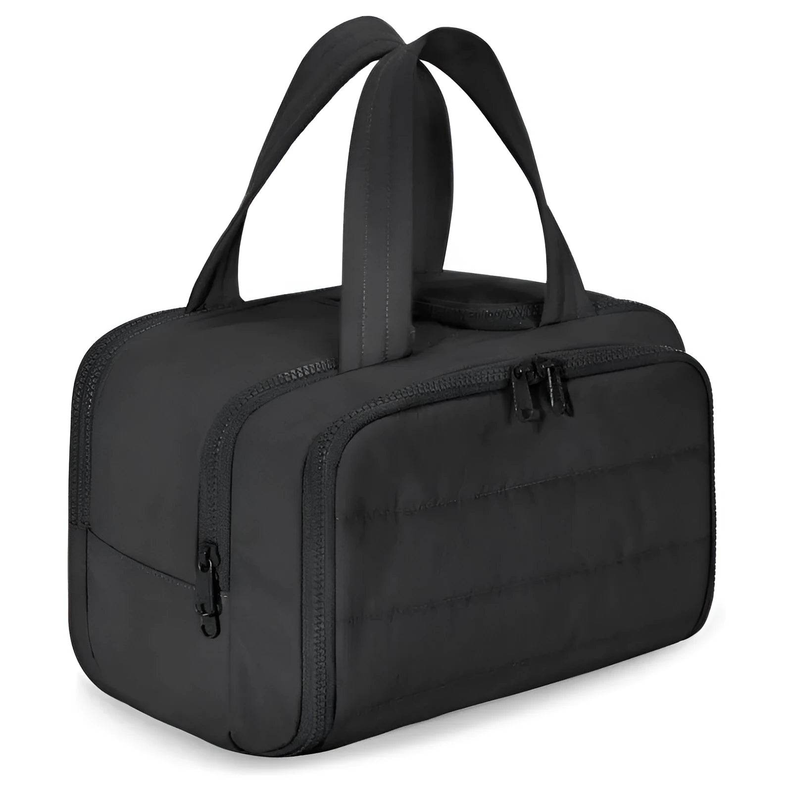 Large fluffy travel toiletry bag in beige colour with wide open design showing interior