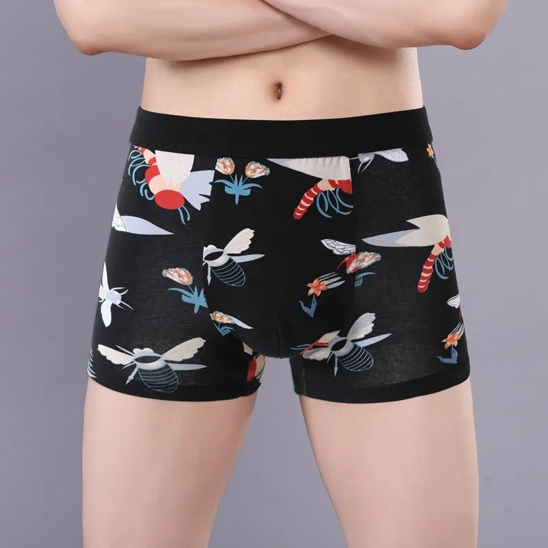 Men's breathable cotton boxer briefs with floral pattern and U-shaped design, shown in size 3XL to 10XL.