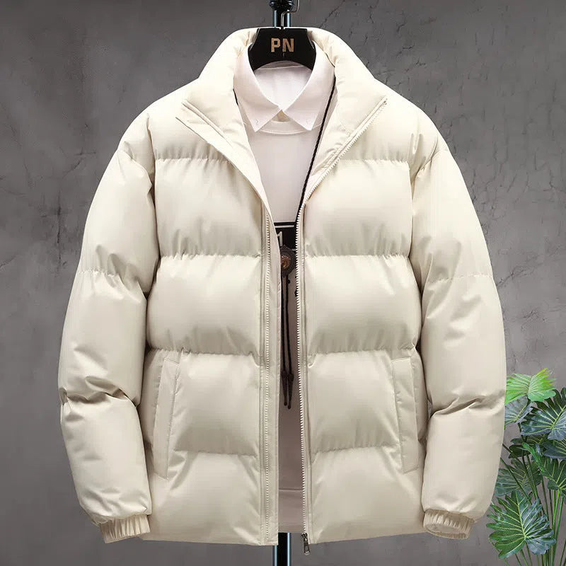 Winter stand-collar men's coat in Khaki with velvet lining, long sleeves, and solid colour design