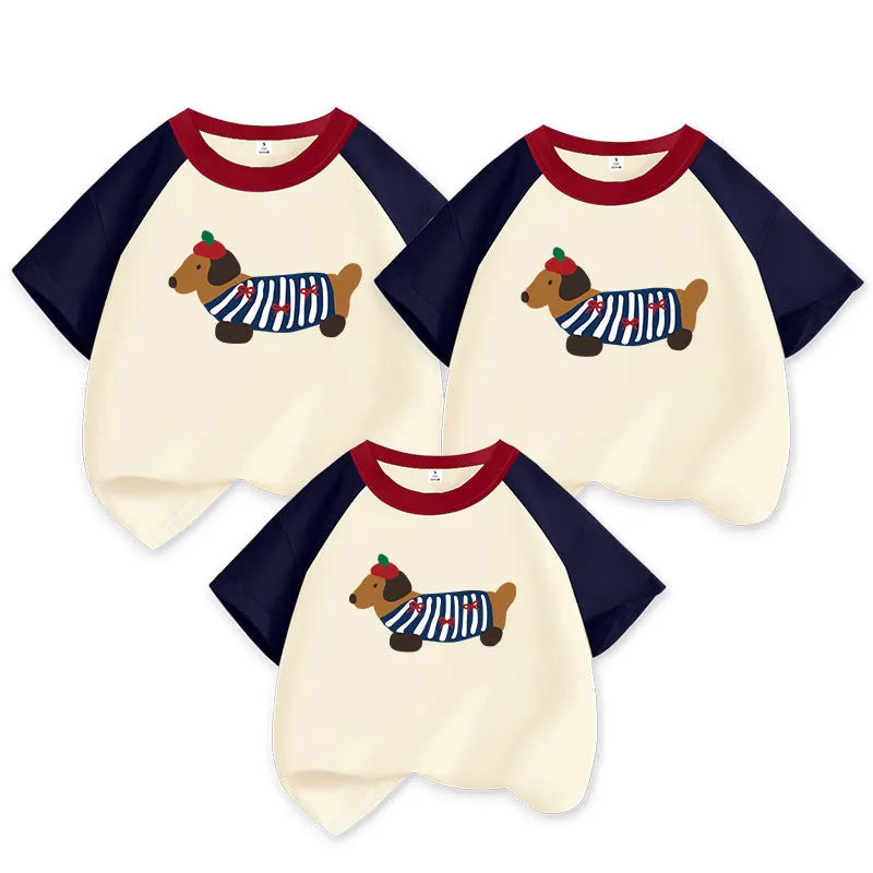 Cotton Western style dog mother-daughter matching outfit with contrast colour short sleeves in Korean design