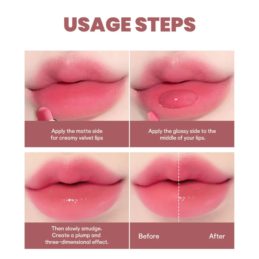 Double-headed lipstick showing matte bullet on one end and gloss applicator on the other in one of 10 available colours