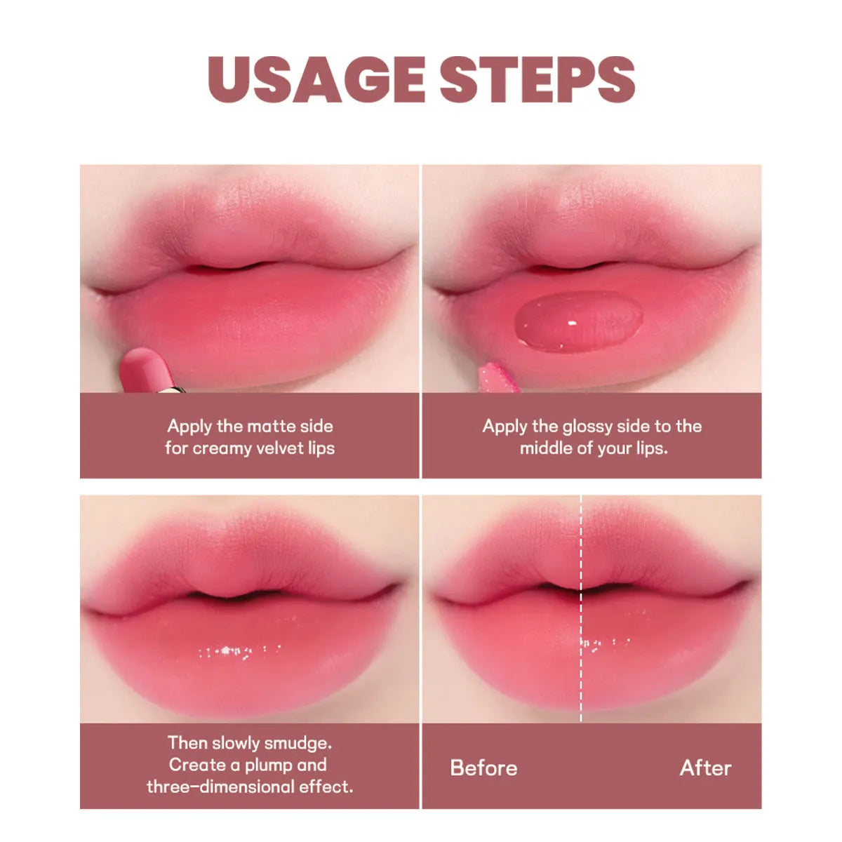 Double-headed lipstick showing matte bullet on one end and gloss applicator on the other in one of 10 available colours