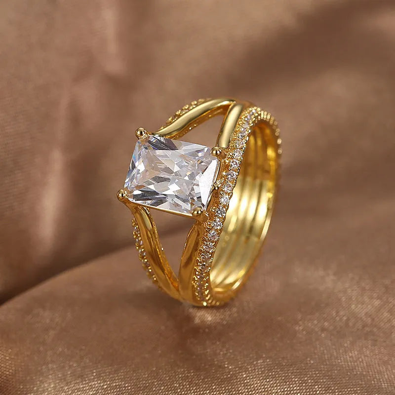 Gold geometric women's ring with square zircon stone on copper base