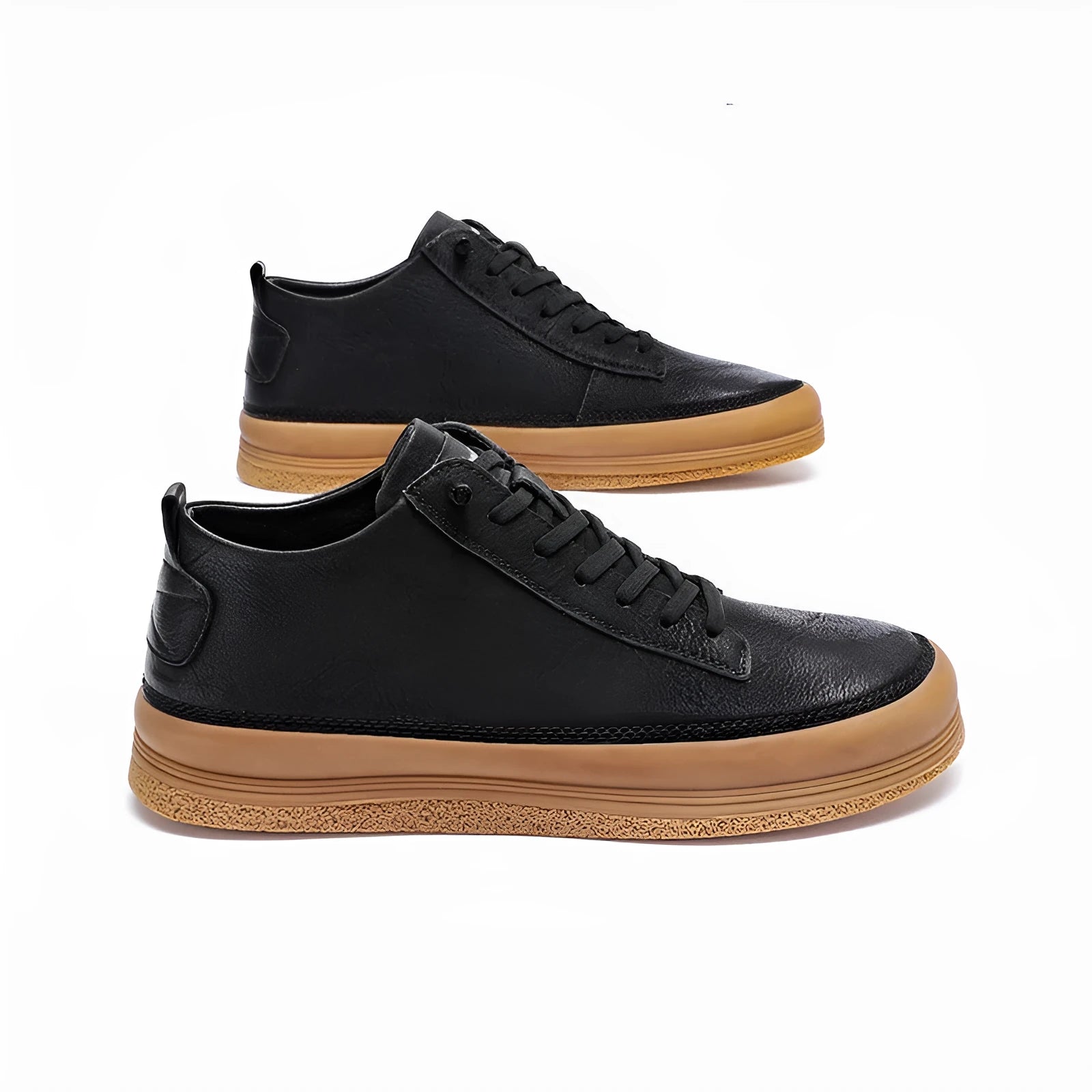 Men's black leather casual shoes with round toe, flat heel, and white lace-up closure.