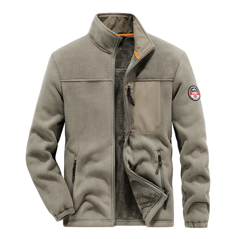 Men's gray spandex fleece casual jacket with zipper pockets on a hanger
