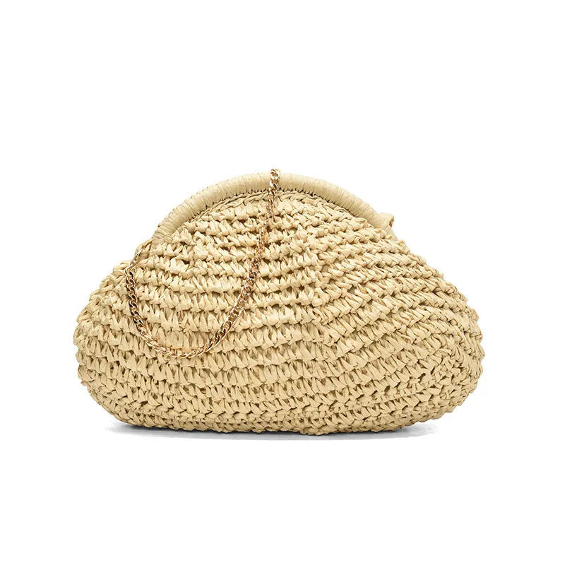 Women's straw beach shoulder bag in khaki colour with chain detailing and shell shape