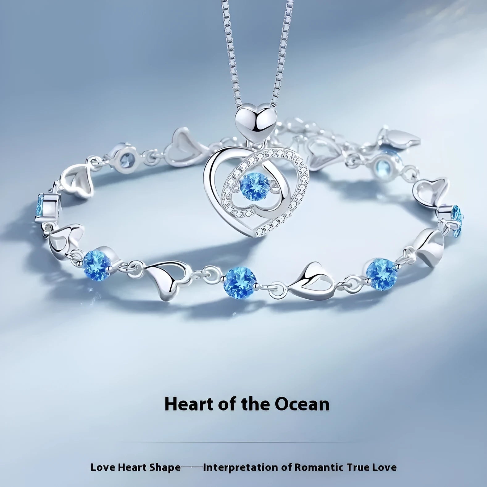 Blue diamond heart-shaped copper necklace and bracelet set with geometric designs and mixed gem inlays