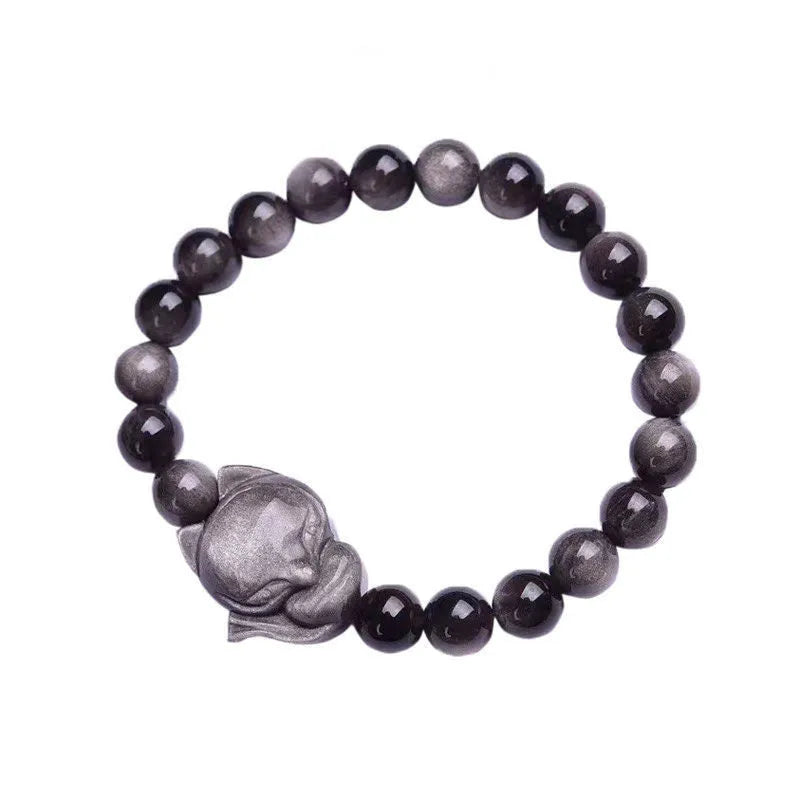 Obsidian fox adjustable bracelet with 8mm polished stone bead and silver fox charm on sliding knot