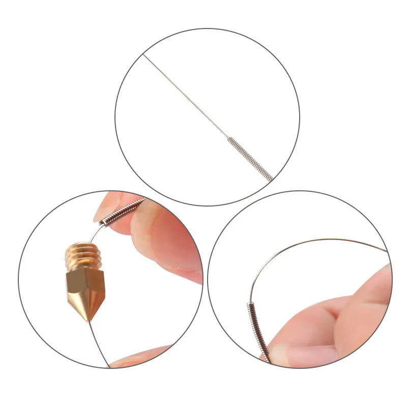 Ten metal cleaning needles for Mk8 E3D 3D printer nozzles, shown with different diameter size options