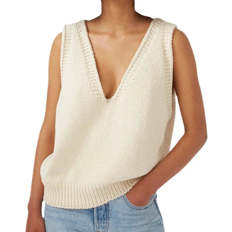 Ladies knitted vest sleeveless sweater pullover in acrylic, available in six colours including black and beige