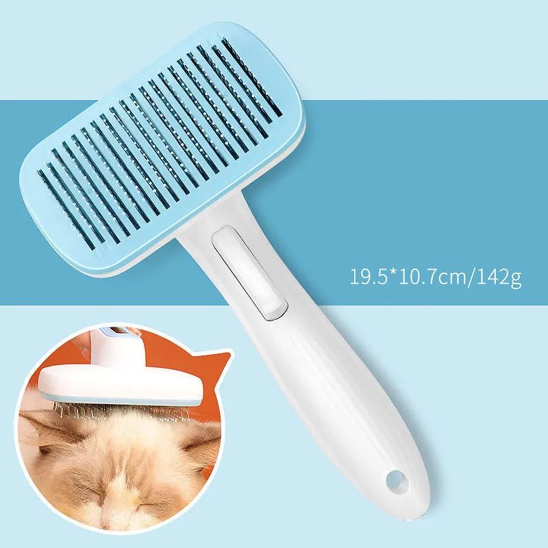 Automatic pet hair removal comb in blue colour with one-click operation for dog and cat grooming