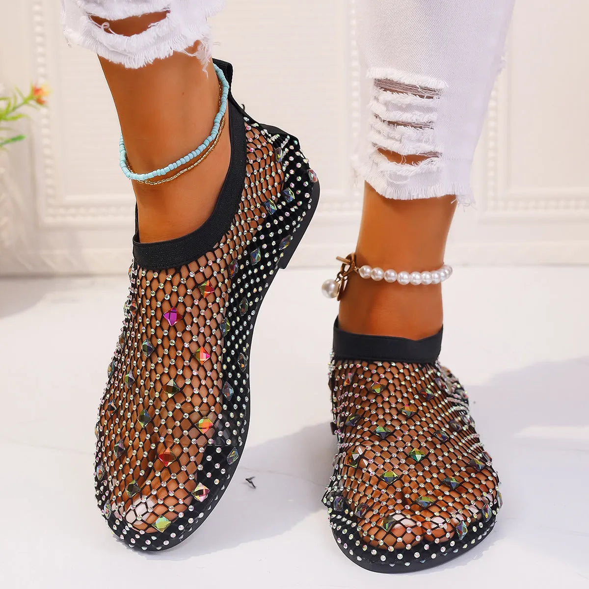 Women's flat sandals with mesh upper, colourful rhinestone design, and round toe