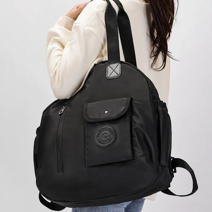 Outdoor backpack with sandwich pocket design showing black, khaki, and green letters colour options