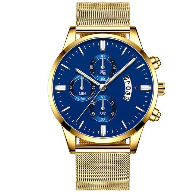 Men's stainless steel quartz watch with mesh band and two-tone case on wrist