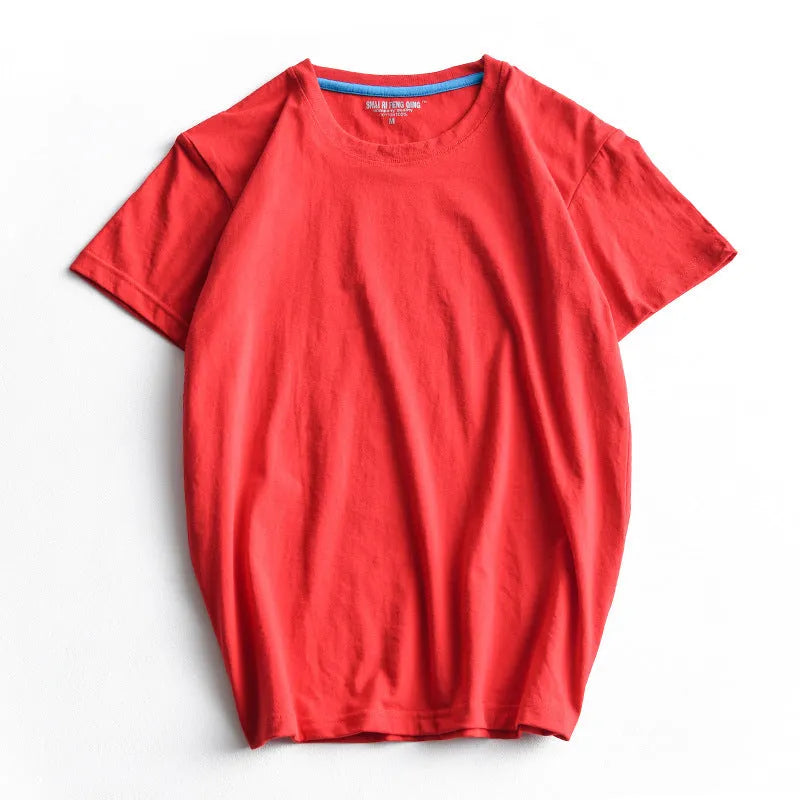 Men's solid colour cotton T-shirt on a hanger, showing the round neck and short sleeve design.